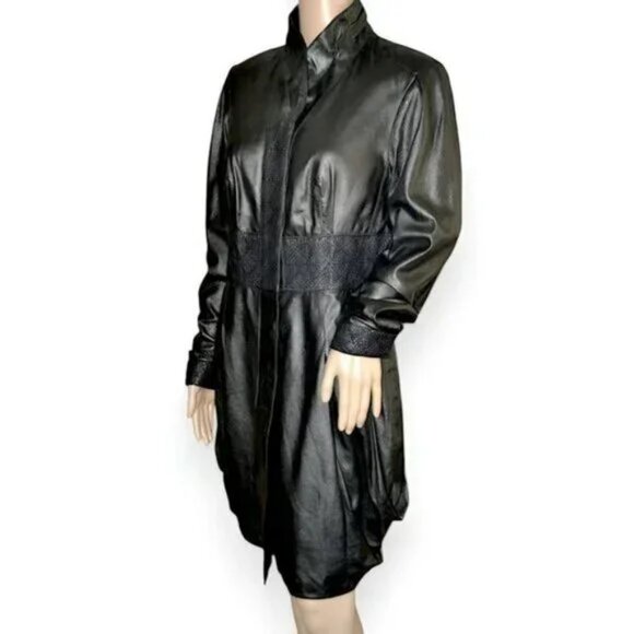 Gian Mori Designer Vintage 80s Black Leather Dress Duster Coat Jacket 40 M 6-8 - Picture 12 of 13